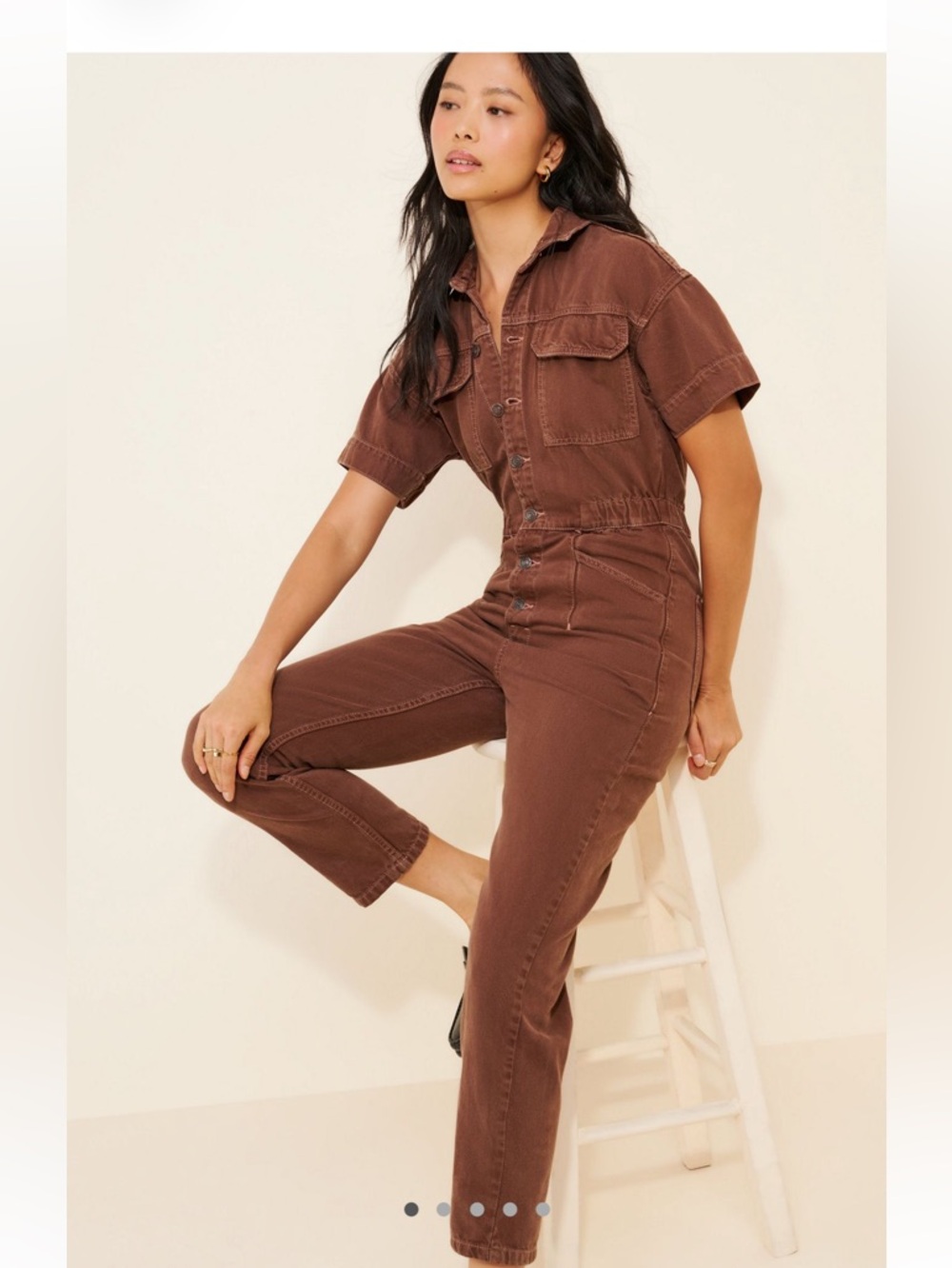 Free People Brown Short-Sleeve Denim Utility Jumpsuit